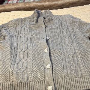 Talbots Gray Cable Knit Ruffle Neck Cardigan